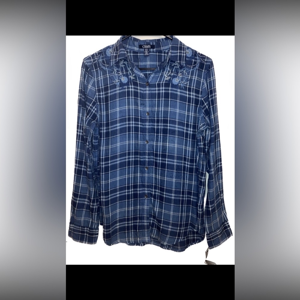 Chaps Women’s Long Sleeve Blue Flower Embroidered Flannel